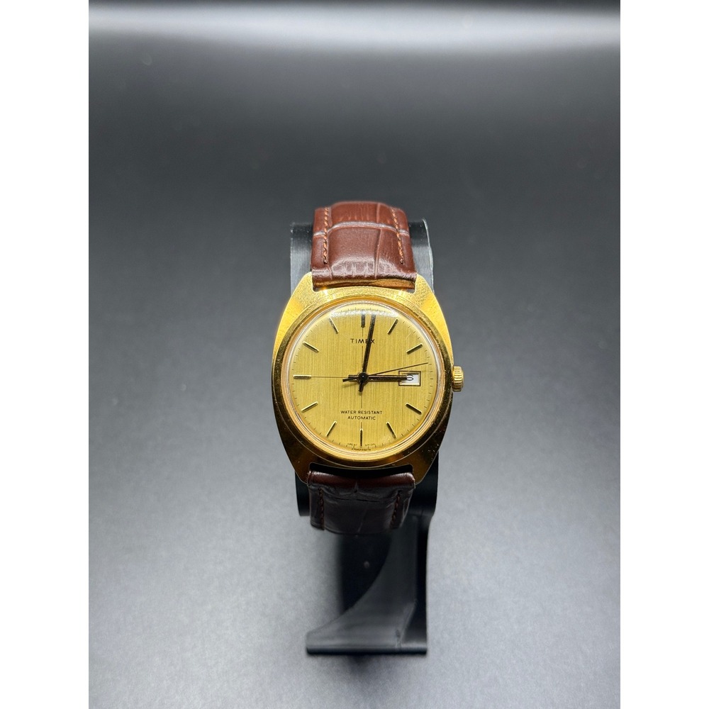 Vintage Timex Automatic Gold Tone Watch Brown Leather Strap Great Britain